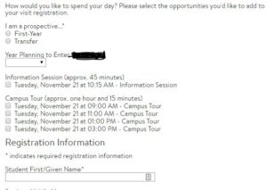 screenshot of registration for college visit