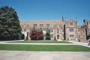 gray brick building with quad in front