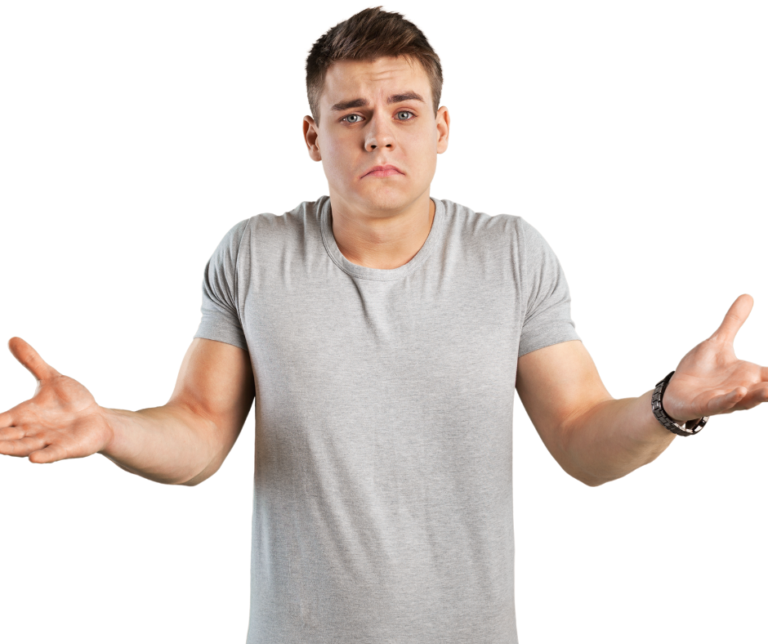 Young adult male shrugging and looking confused on white background