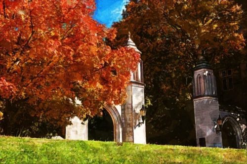 college gates behind fall tree