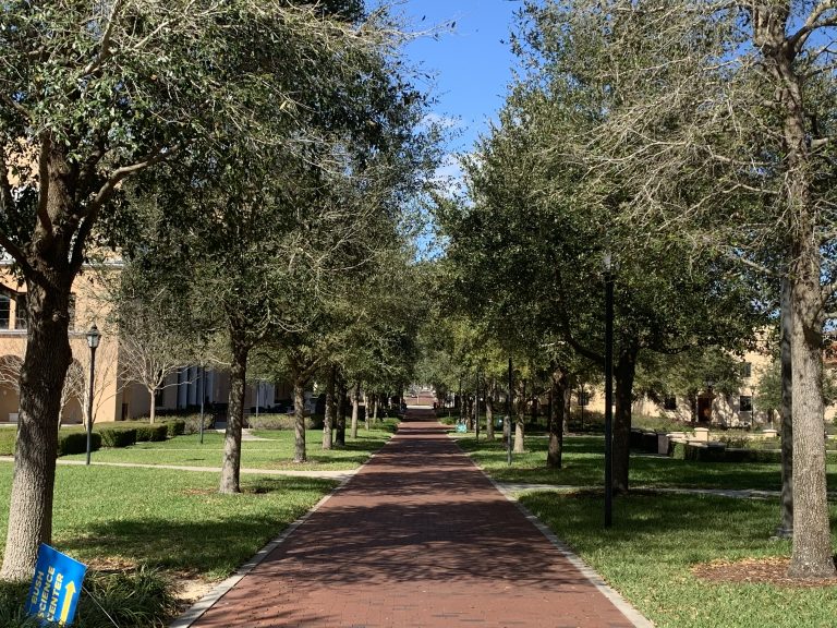 red brick campus path among trees