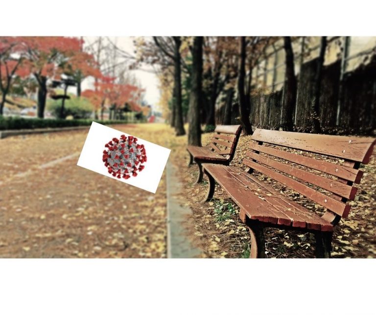 empty bench with fall leaves and coronavirus image