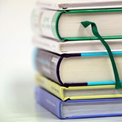 stack of books on table