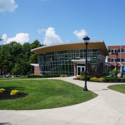 Modern building with curved front and windows