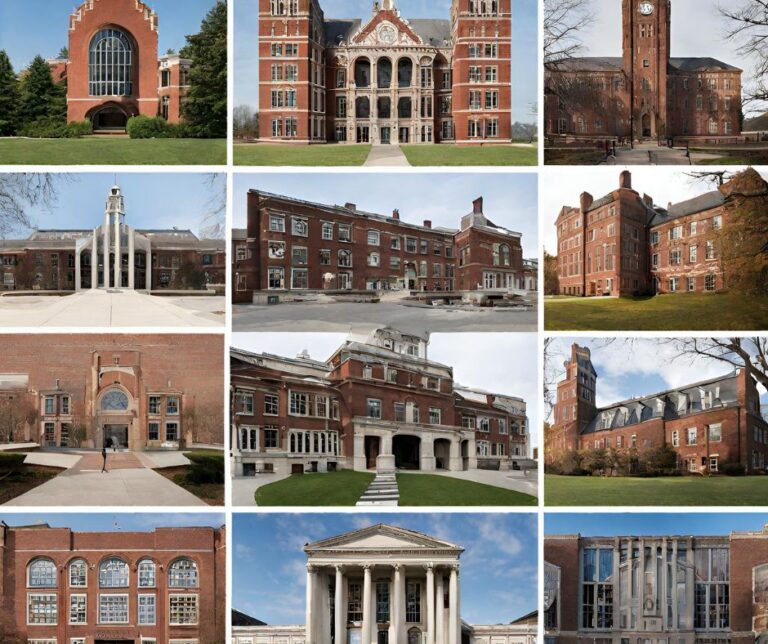 AI generated Exterior view of 12 different college campus style buildings